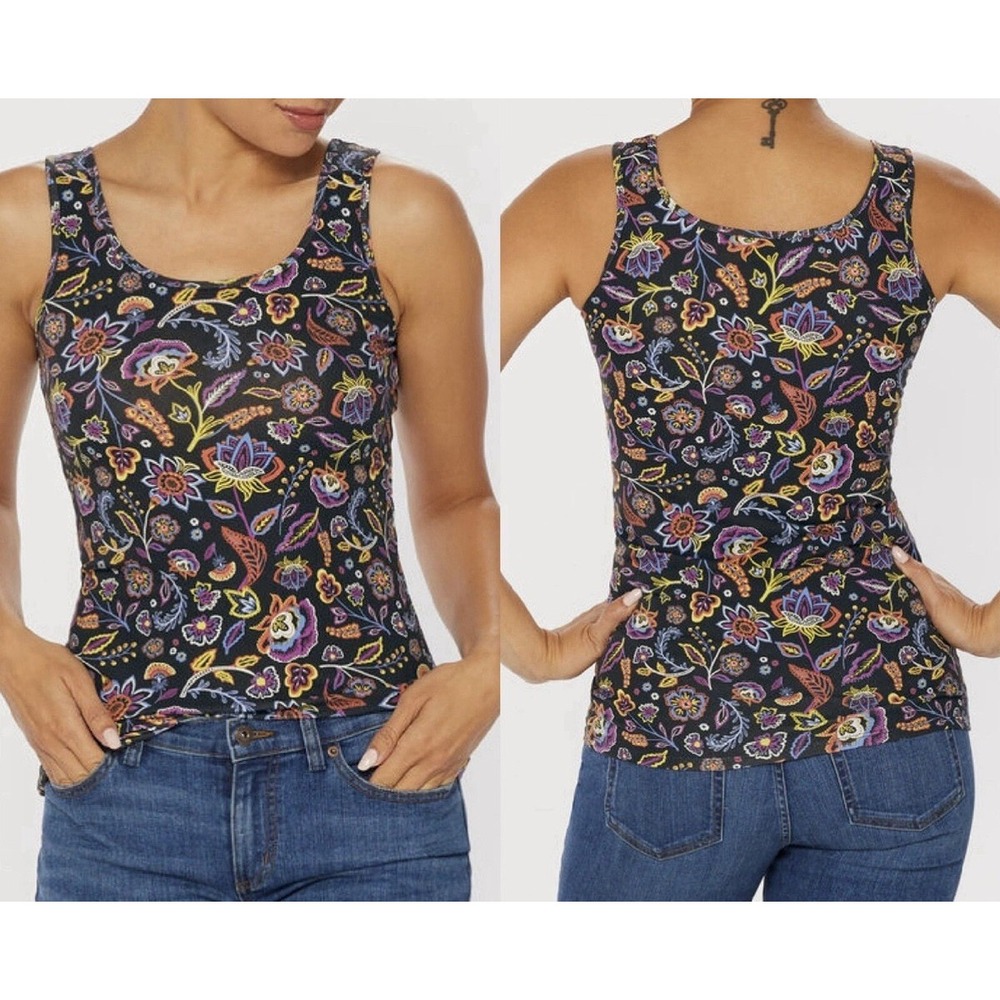 Duluth Trading Co No-Yank Tank Top Womens Large Black Floral Paisley Scoop Neck